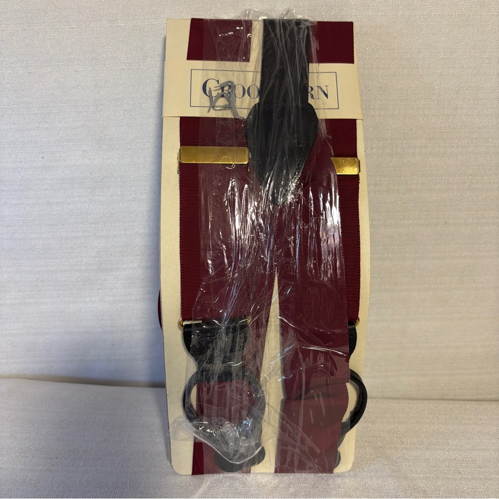 VTG Crookhorn suspenders maroon gold hardware leather fasteners NIP